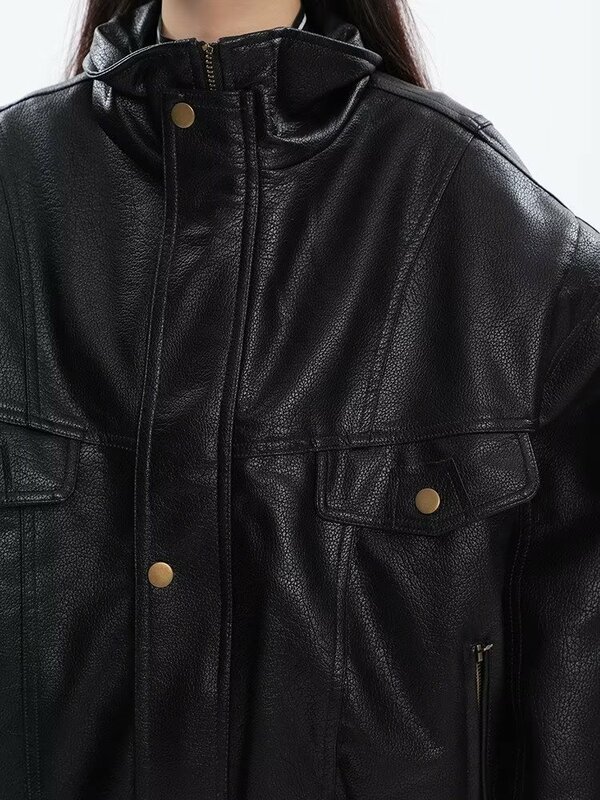 Gruby czarny kurtka ze skóry sztucznej damskie bomberki wiosenne jesienne Oversized wiatroszczelne luksusowy projektant motocyklowe Unisex