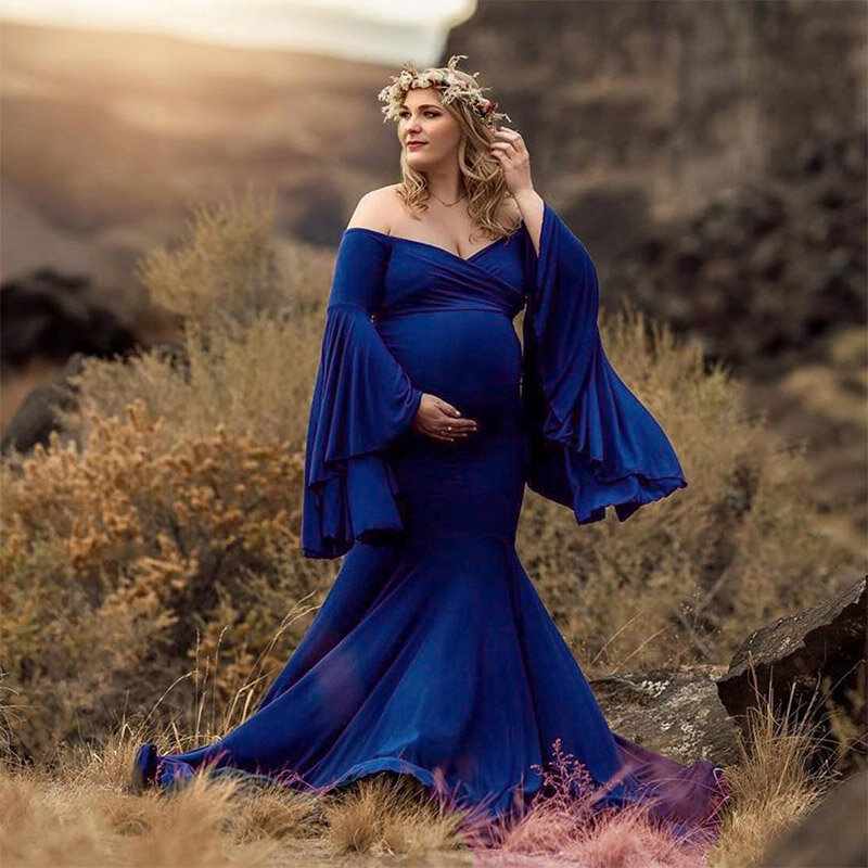 Obcisła sukienka kobiety w ciąży z odkrytymi ramionami marszczony rękaw szata Baby Shower zdjęcie ciążowe zdjęcia Maxi długie sukienki
