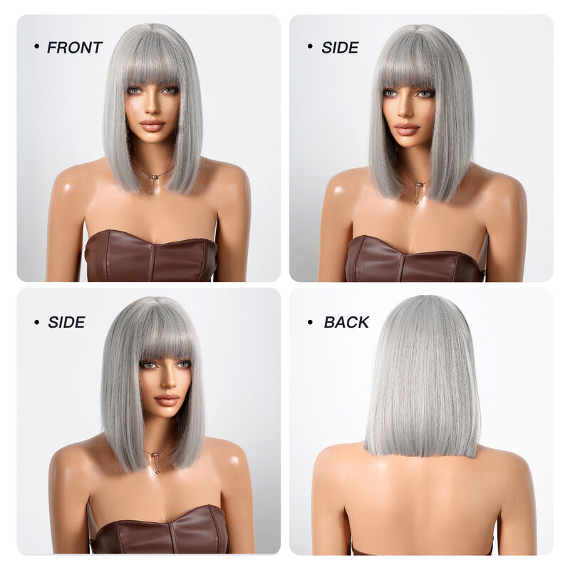 Parrucca corta grigia argento parrucca sintetica Bob con frangia per donne bianche Cosplay uso quotidiano parrucca capelli naturali resistenti al calore