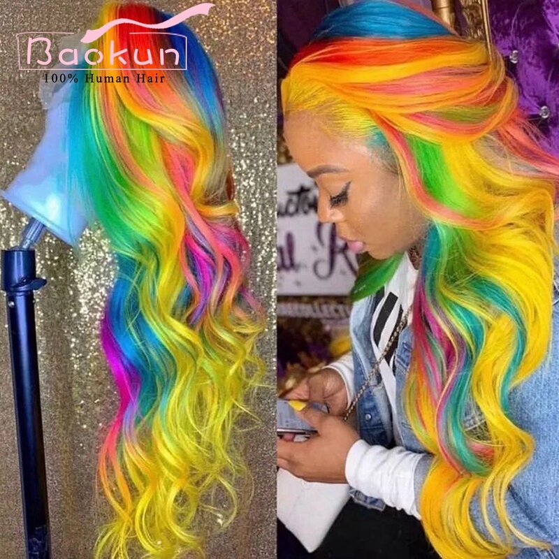 Transparent 13x4 Ombre Human Hair Wigs Body Wave 13x6 HD Lace Frontal Wig Blonde Red Green Blue Purple Highlight Wig Human Hair