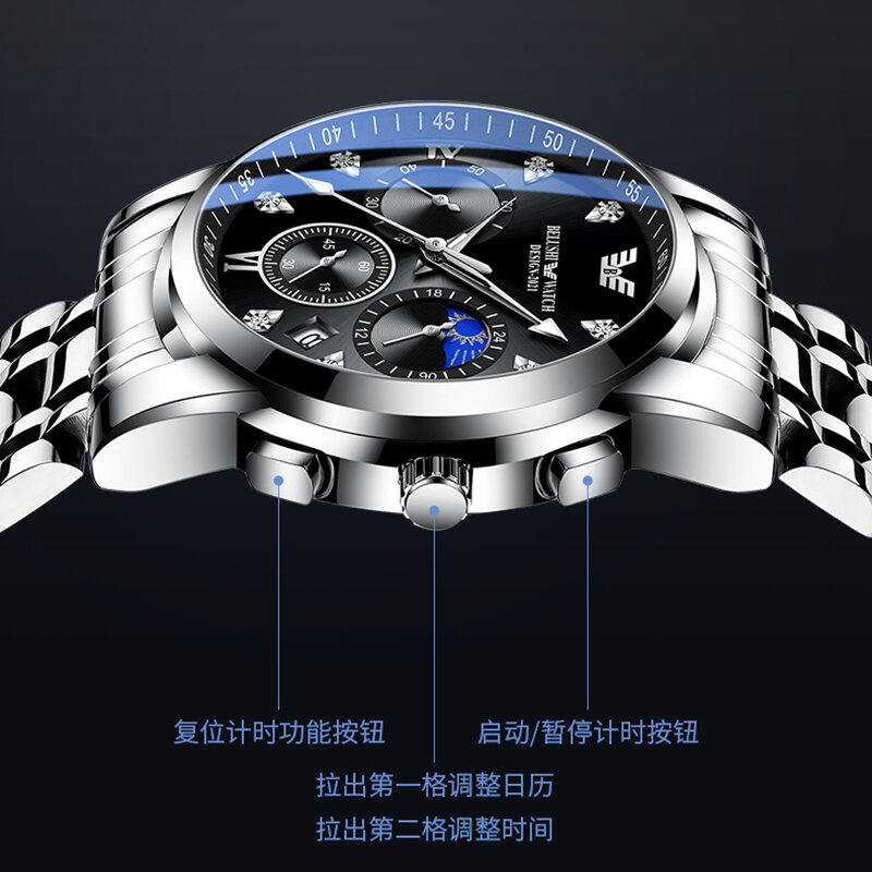 BELUSHI-Relógio masculino de aço inoxidável, quartzo, relógio, marca Top, cronógrafo esportivo, luminoso, impermeável relógio de pulso, novo