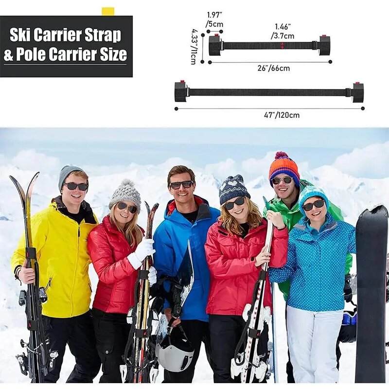 Esqui Pole Shoulder Hand Carrier, Lash Handle, Correias ajustáveis, Loop de gancho protetor, Nylon Ski Strap Bag, Várias cores