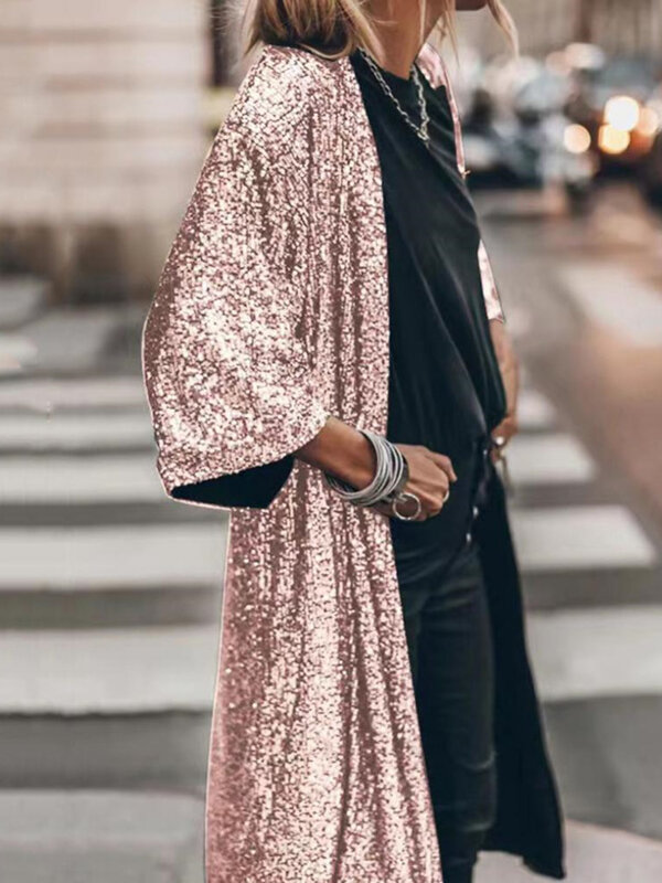 Loose Outerwear Soft Women Shiny Sequins Mid-length Cape Jacket Solid Color Skin-touch Gown Cape Streetwear