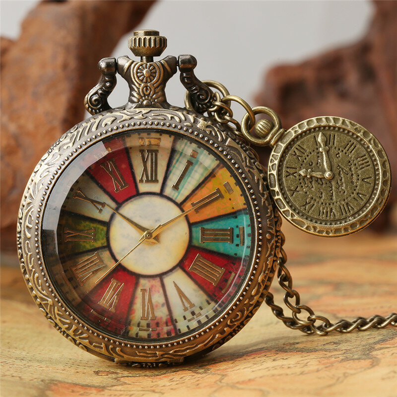 Relógio de bolso de quartzo antigo para homens e mulheres, relógios, mostrador romano, pingente de bronze, bússola com colar, antigo