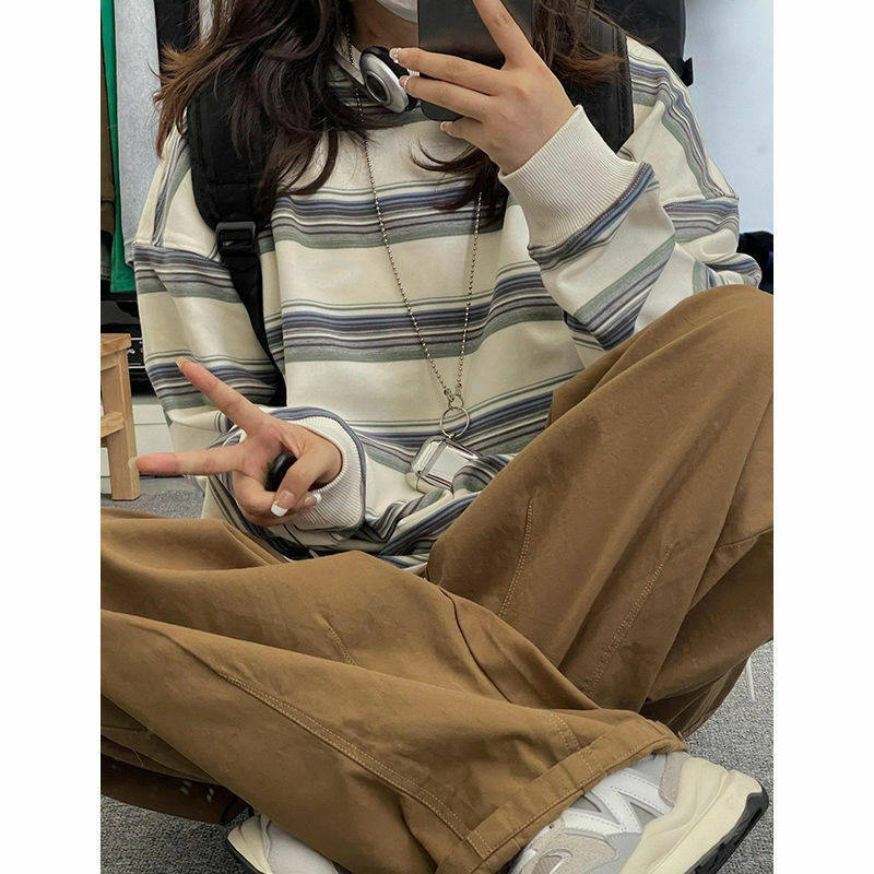 Kaus Pullover bergaris longgar kaus antik Y2K leher kru Wanita kaus kasual Korea pakaian jalanan musim panas Grunge