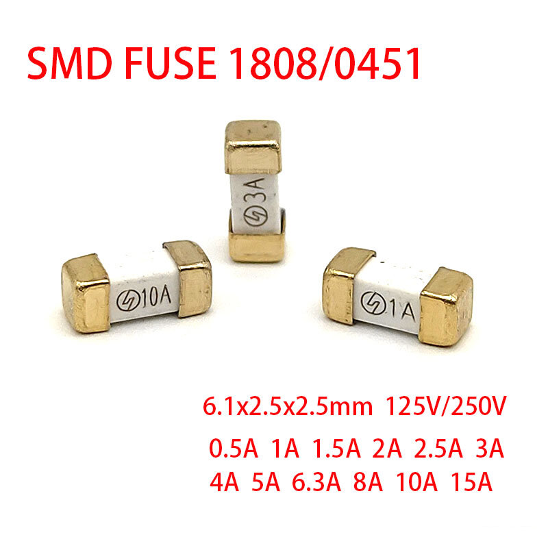 فتيل بطيء SMD ذهبي ، 0.5A ، 500mA ، 1A ، 1.5A ، 2A ، 2.5A ، 3A ، 4A ، 5A ، 6.3A ، 7A ، 8A ، 10A ، 15A ، V ، 10 لوت