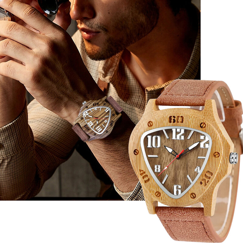 メンズ木製クォーツ腕時計、ブラウン、トライアングルダイヤルストラップ、ファッションブレスレット