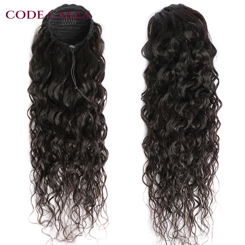 Drawstring Ponytail Human Hair Water Wave Ponytail Extension Remy Indian Kinky Curly Hair Ponytail Long Curly Ponytail 30 Inch