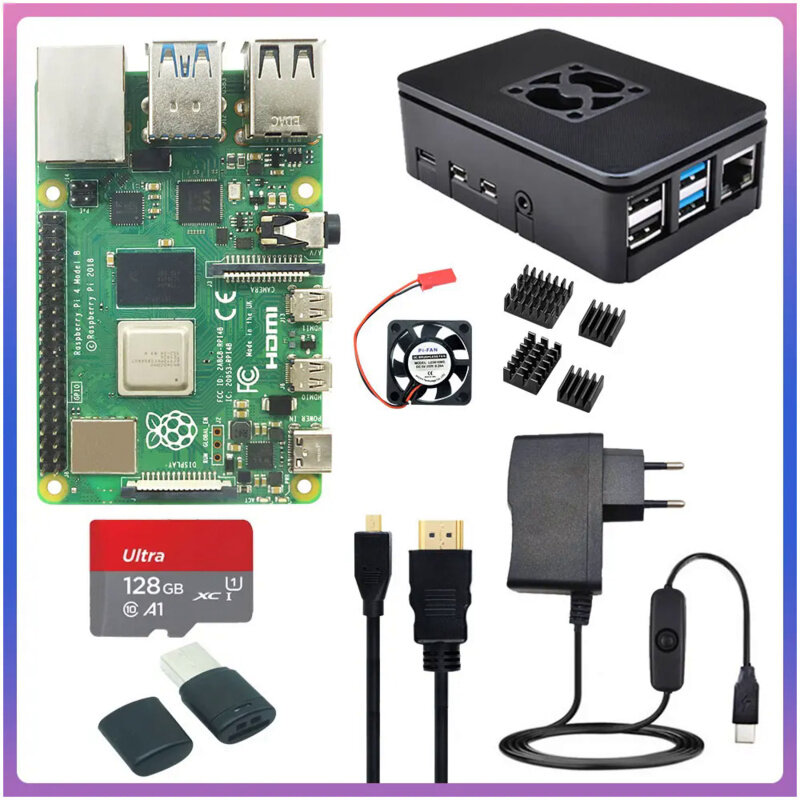 Raspberry Pi Kit Adaptador de Energia, Dissipador de Calor, 4 Modelo B, 8 GB, 4 GB, 2 GB, 1GB, ABS Case, 32 GB, 64 GB, Cartão de 128 GB