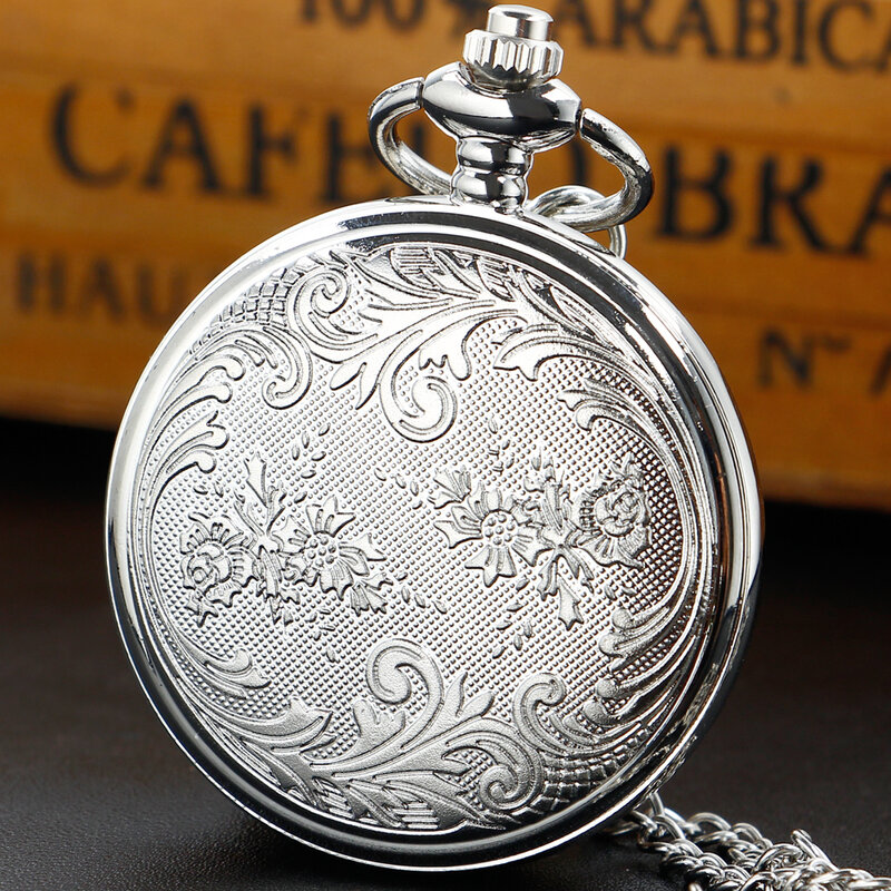 Sowa diamentowy z wytłoczonym wzorem kwarcowy zegarek kieszonkowy srebrny damski naszyjnik Unisex modny wisiorek prezent
