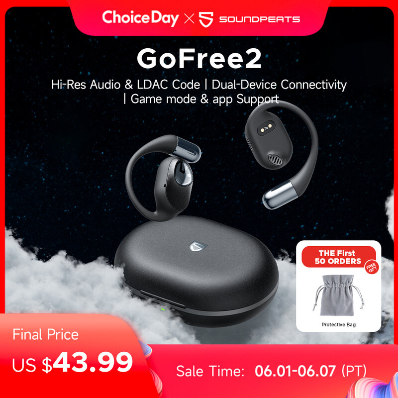 SoundPEATS-GoFree2オープンイヤーヘッドホン、安定した快適さ、ハイレスサウンド、Bluetooth 5.3、低音ブースト付きイヤフォン、合計35時間