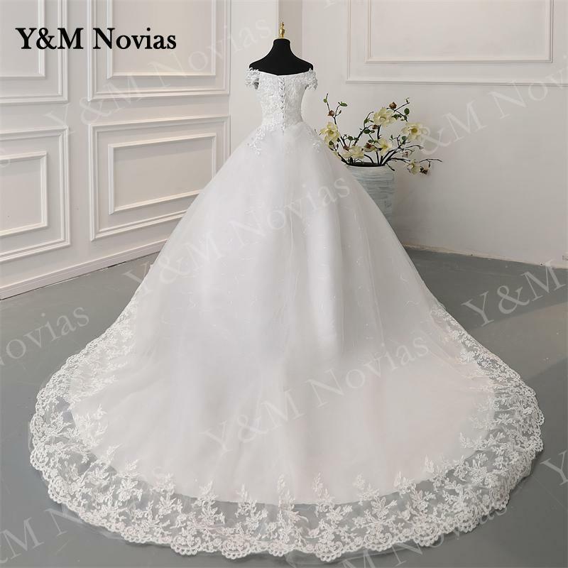 Y & M Novias 오프 숄더 플러스 사이즈 2023 웨딩 드레스, 기차 또는 바닥 맞춤 제작, 플러스 사이즈 신부 얇은 명주 그물 결혼