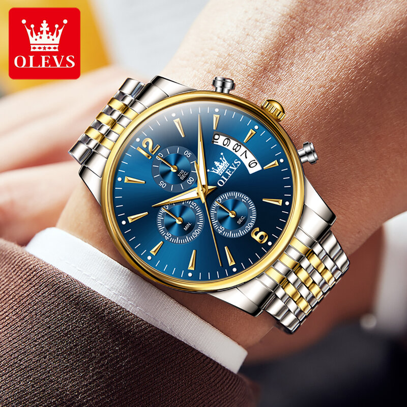 OLEVS 남성용 럭셔리 스테인레스 스틸 쿼츠 손목시계, 캘린더 야광 시계, 비즈니스 캐주얼 시계
