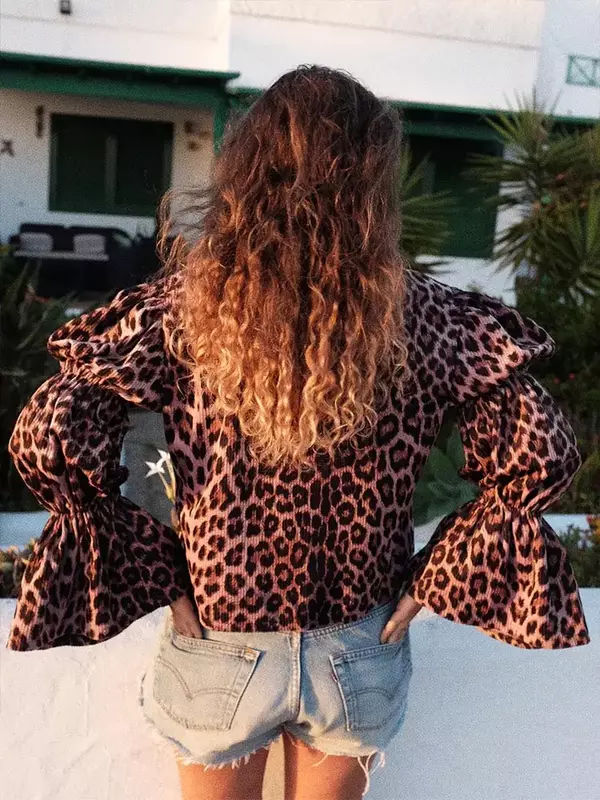 Blusa feminina com renda estampada em leopardo, oco, manga comprida folhada, lapela, tops de rua, moda feminina, primavera, novo, 2024