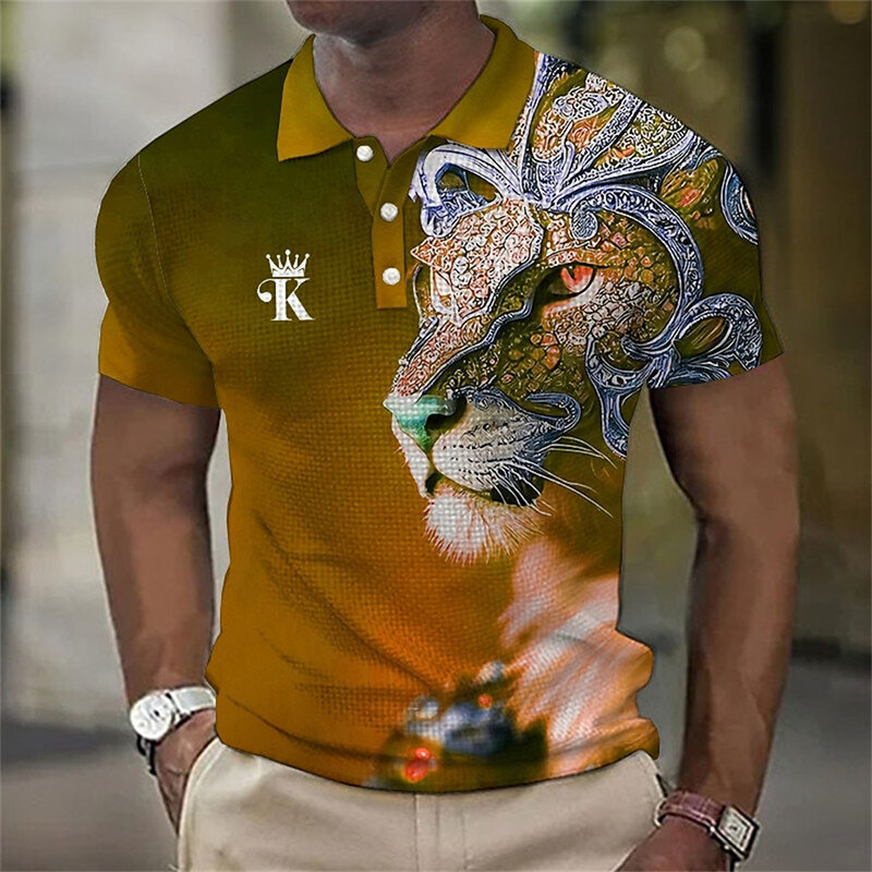 เสื้อโปโลผู้ชายลายสัตว์ลายสิงโต3มิติ, เสื้อคอปกลำลองใส่ได้ทุกวันเสื้อยืดลายสัตว์ดุร้ายสำหรับ lengan pendek musim panas เสื้อผ้าผู้ชาย