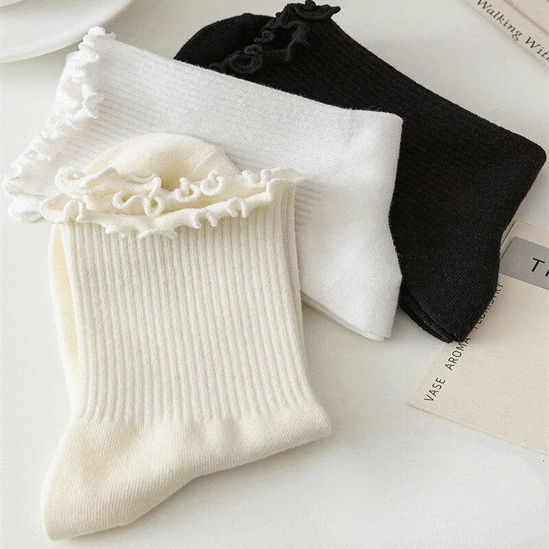 1 Paar Socken für Frauen Rüschen Baumwolle Mittel rohr Knöchel kurze atmungsaktive einfarbige schwarz weiße Scotton Socken Mid-Calf JK Socken