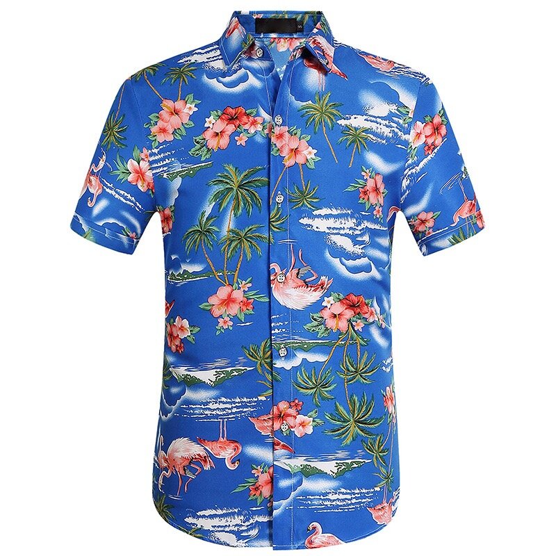 قميص شاطئ رجالي قصير الأكمام ، مقاس كبير ، نمط فلامنغو ، كاجوال ، عالي الجودة ، صيف ، من هاواي