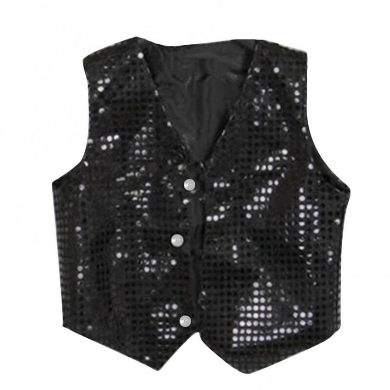 Glittery Sequins Dance Wear Vest Waistcoat for Girls Boys Metallic Short Sleeve Loose Shirt Blouse Jazz Hip Hop Vest Dancewear