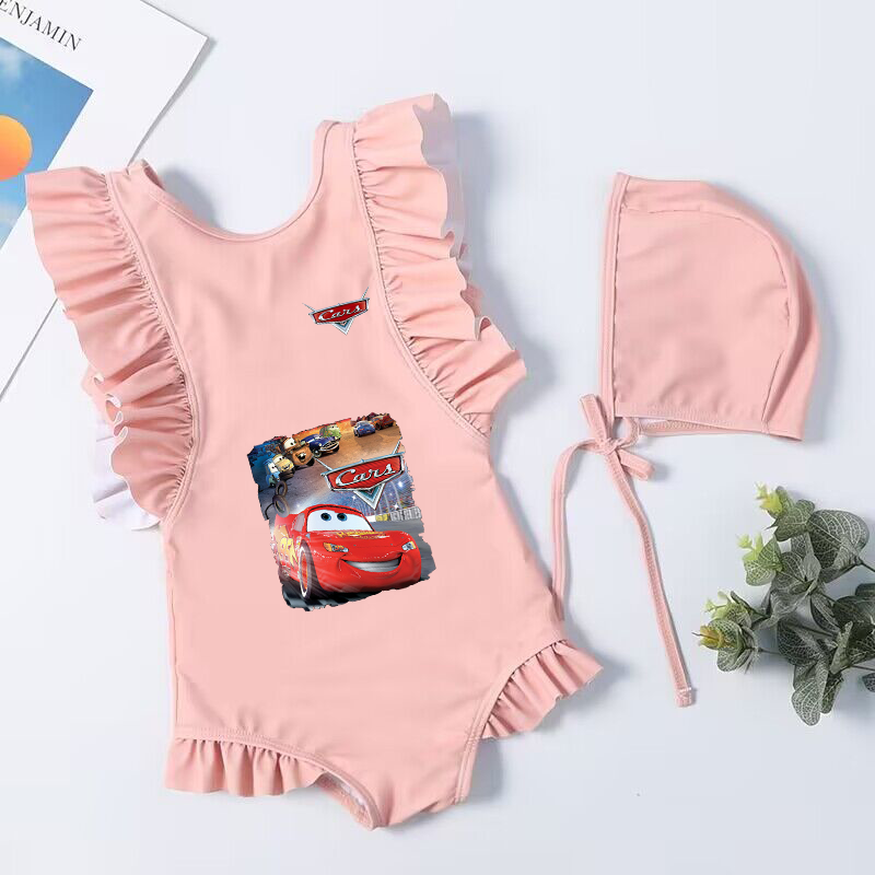 Pixar Cars Lightning McQueen traje de baño de verano para niños, ropa de playa, Bikini de una pieza, vestidos sin mangas para niñas