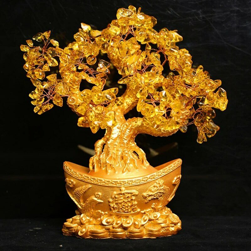 شجرة نقود محظوظة صينية لتزيين الطاولات ، سبيكة ذهبية ، زخرفة كريستال ، ثروة ، ثروة ، منزل ، مكتب ، مشغولات منضدية