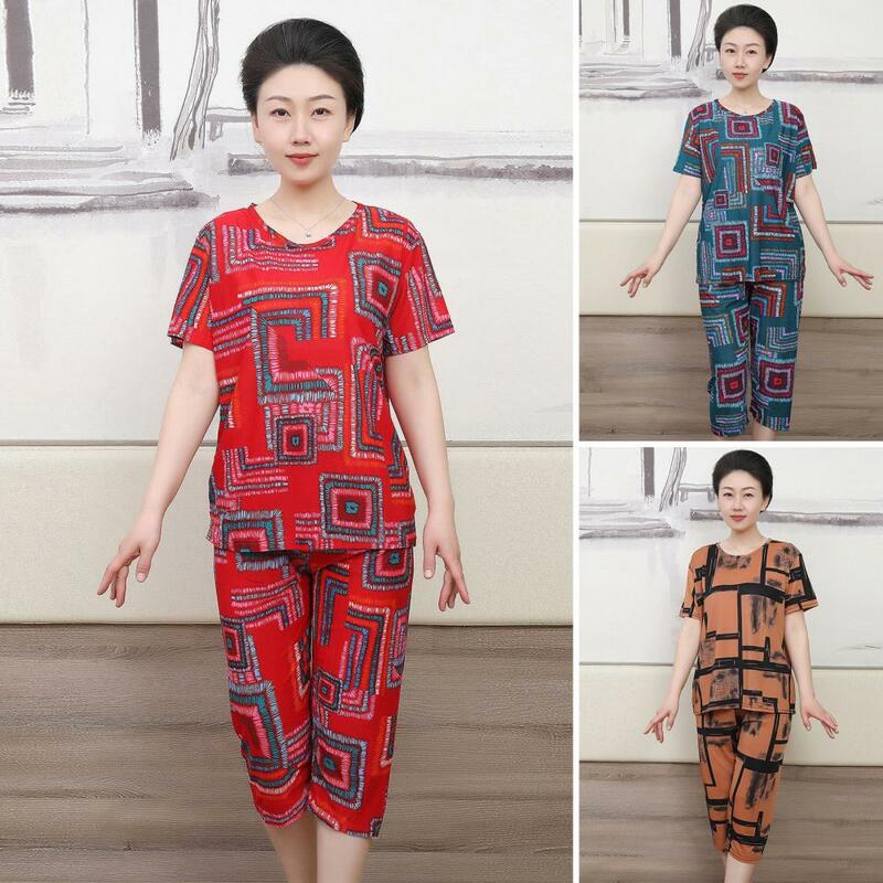 Short Sleeve Top Set Ethnic Style Women's T-shirt Pants Set with Printed Top Cropped Trousers for Casual Sport Outfit 2 Pcs/set