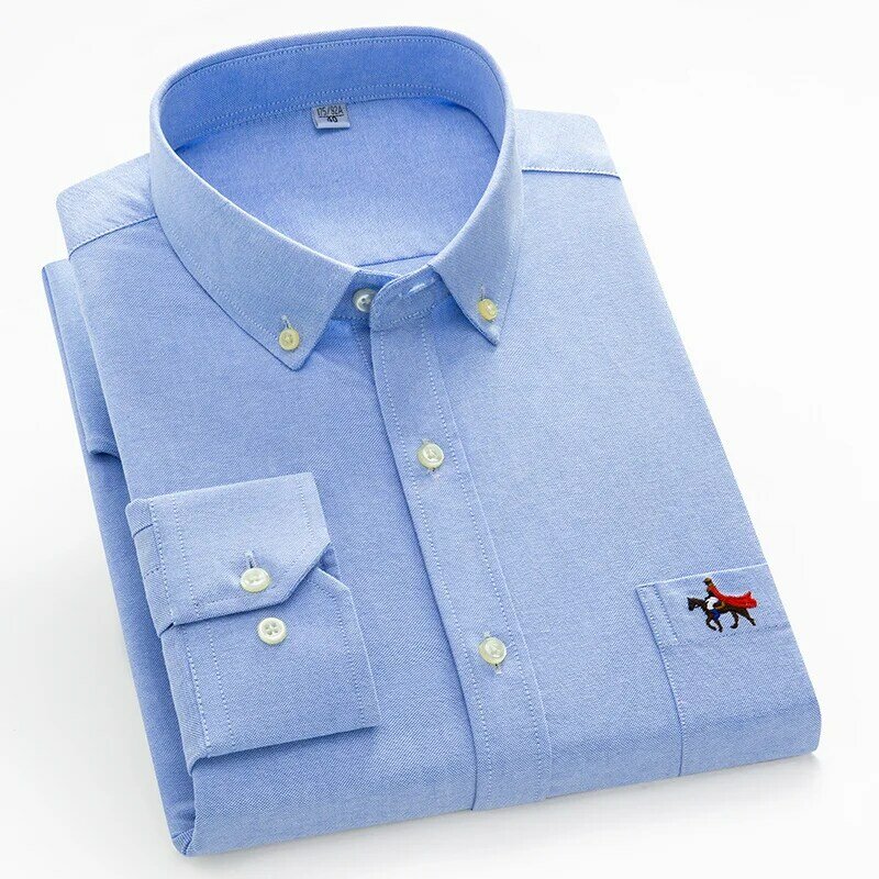 Camisas a cuadros para hombre, camisa informal de manga larga bordada, 2024 algodón, Oxford, alta calidad, blanco y azul, 100%