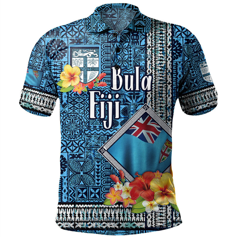 Camiseta tribal estampada em 3D para homens e mulheres, polo com padrão Fiji, camiseta de botão solto, impressão 3D havaiana, manga curta, verão, novo design