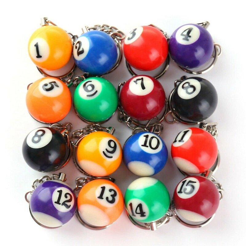 الملونة كرة بلياردو المفاتيح مجموعة 16 قطعة ، مصغرة ماجيك مفتاح سلسلة كرات ثمانية كرات بلياردو سلاسل اكسسوارات