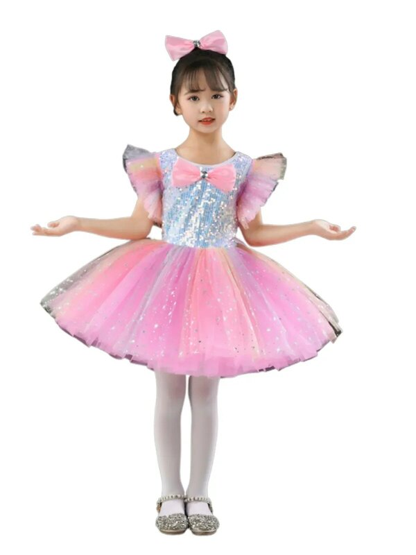 子供のためのスパンコールプリンセスドレス,愛らしいモダンなダンススカート,パフォーマンスウェア,バレエスカート,ジャズダンス,ピンク