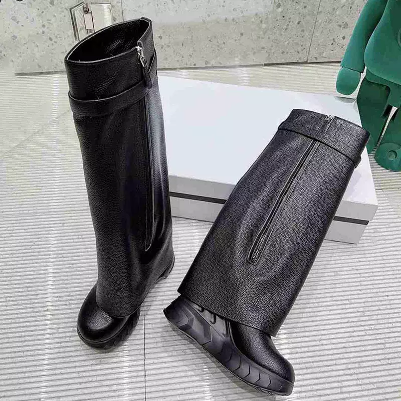 Luxury Fashion Women's Long Boots The Knee Boots New 2023 Platform Wedge Heel Boots Round Toe Shoes Shark Lock Vintage Popular
