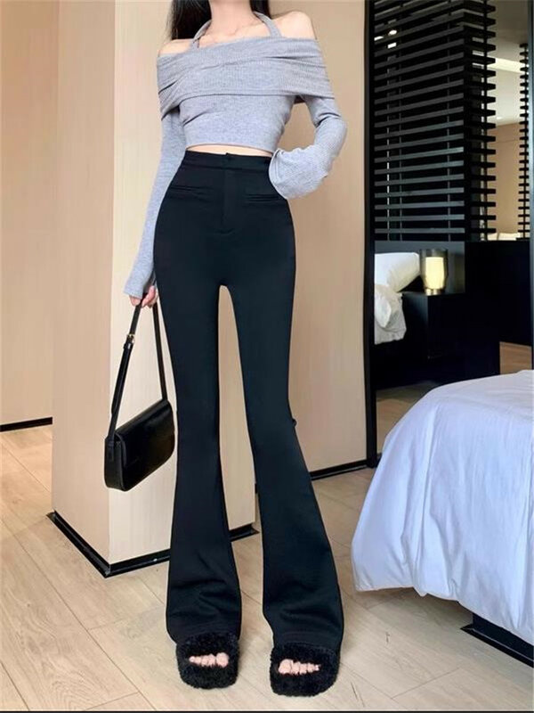 Celana kasual mikro menyala hitam untuk wanita, celana panjang kaki lurus pinggang tinggi ramping pas elastis musim gugur musim dingin 2024