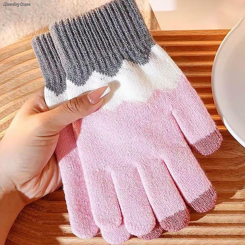 ถุงมือถักแบบเต็มนิ้วสำหรับฤดูหนาว, ถุงมือถักลายการ์ตูนน่ารักสีอบอุ่น1คู่