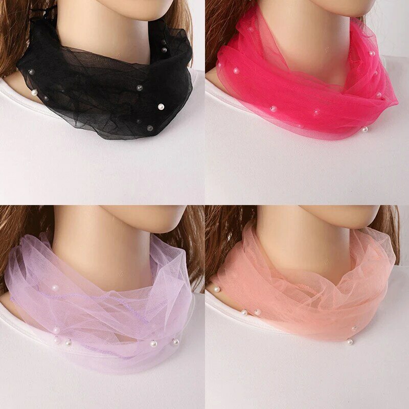 Women Mesh Pearl Collar Scarf Transparent Lace Beaded Scarf Ruffle Neck Cover Bib Headband Sun Protection Clothing Accessories