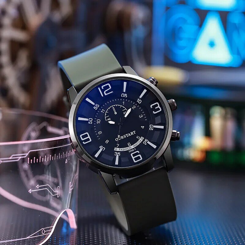 Relógio Digital Estéreo de Silicone Masculino, Vidro Azul, Quartzo, Casual, Elegante