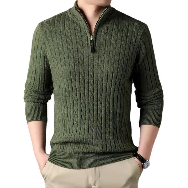 Suéter de cuello alto con cremallera para hombre, Jersey informal ajustado de punto, Polo de cuello simulado, invierno, 2023