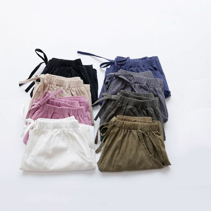 Pantalones cortos deportivos de lino y algodón para mujer, Shorts de cintura alta, Color sólido, Verano