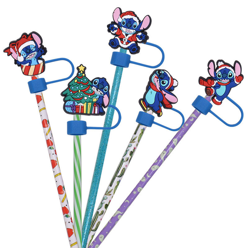 MINISO Disney Stitch Straw Cover Cap1-16pcs10MM Drink Straw Plug Reusable Splash Proof Drinking Fit Cup Straw Cap Charms Pendant
