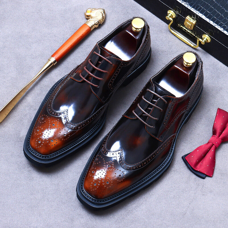 Sapatos britânicos de couro de negócios, sapatos masculinos formais, sola grossa, estilo artesanal, rosto brilhante