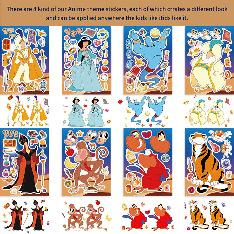 8/16 Blatt Disney Aladdin Prinzessin Jasmin Kinder Puzzle Aufkleber machen ein Gesicht DIY Spiel Cartoon Puzzle Kind Lernspiel zeug Geschenk