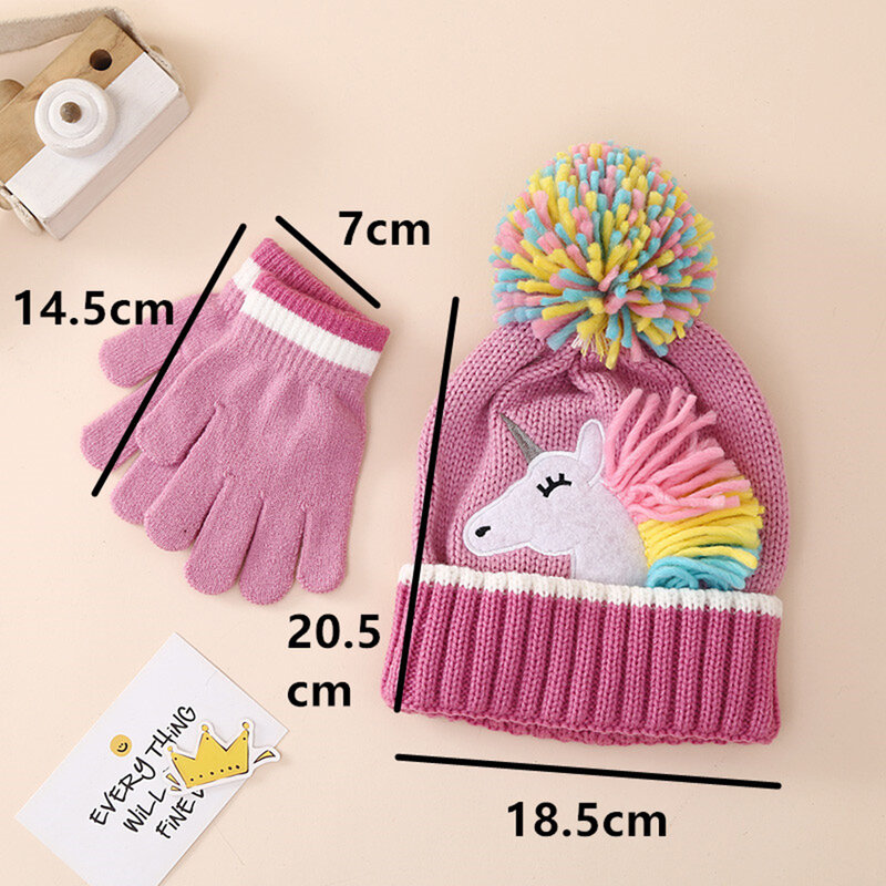 Set invernale per bambini Set di guanti per cappelli lavorati a maglia con unicorno di cartone animato Set di guanti per Beanie caldi per ragazze invernali per bambini 2-6 anni