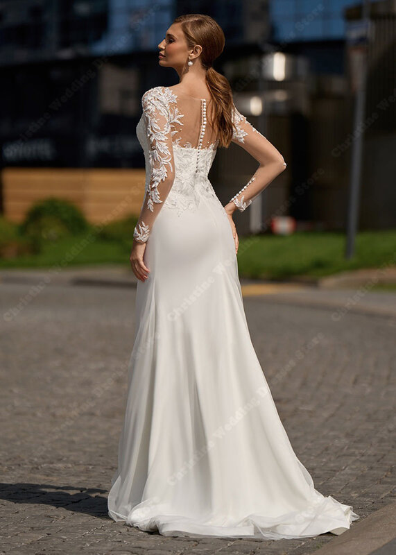 Gładka satyna suknie ślubne koronkowe z aplikacjami z długimi rękawami suknie ślubne seksowne obszyte pośladki suknia w stylu syreny Vestidos De Gala