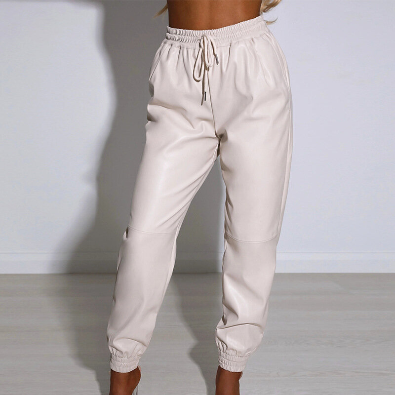 Calça casual PU feminina, elástico na cintura, moda versátil, FD229, primavera, verão, 2022