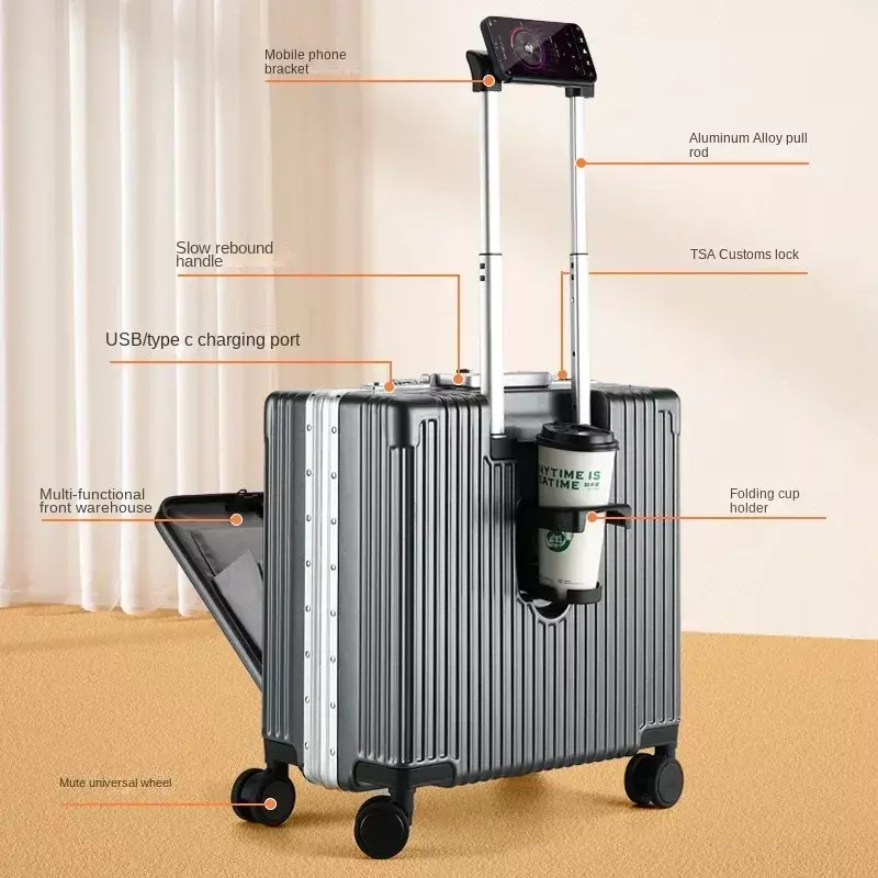 New 2024 Popular Business Luggage Multi-Functional Front Opening Pull Rod 18-Inch Boarding Bag Universal Wheel Travel