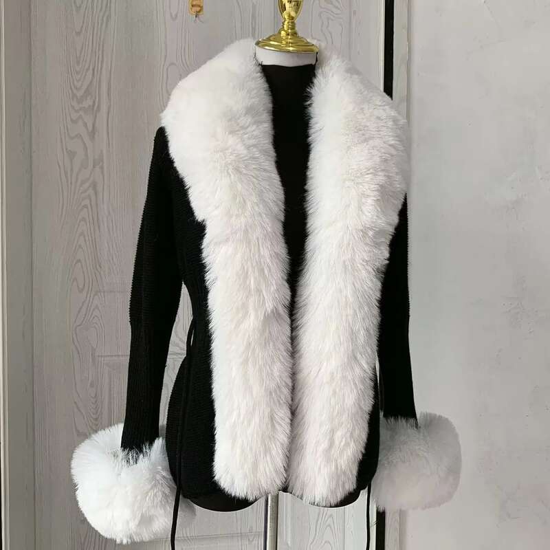女性のフェイクファーのカーディガン,キツネの毛皮の襟が付いたセクシーな人工毛皮のファッション,秋冬
