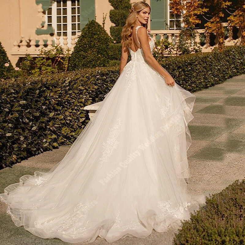 Gaun pernikahan wanita A-Line terbaru gaun pengantin tali Spaghetti Tulle Glitter bulu panjang pel 2024 gaun pengantin wanita