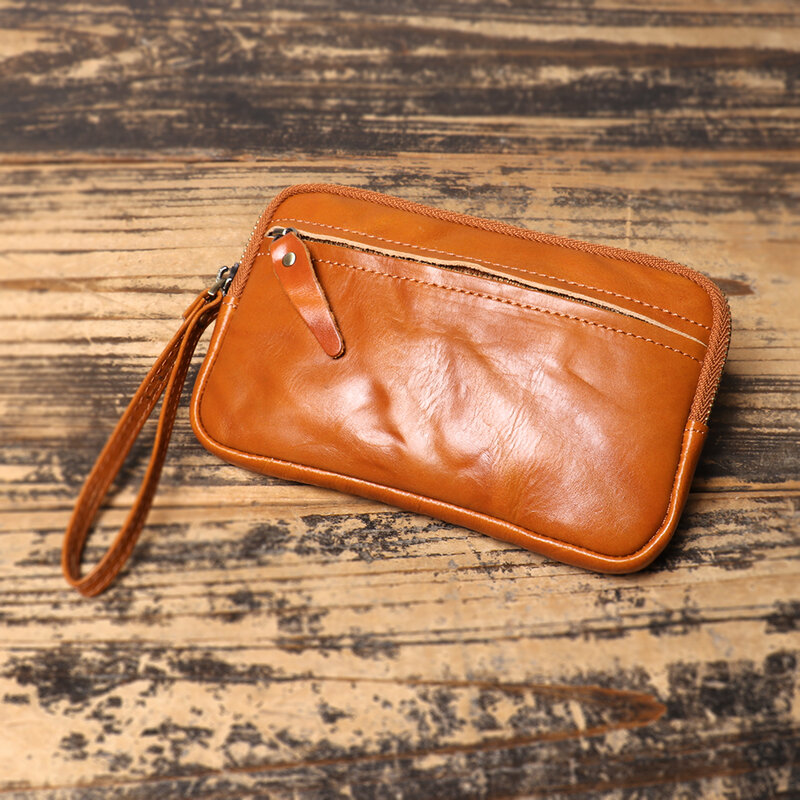Vintage Leather Zipper Wallet, Cowhide Coin Purse Large Capacity Card Pouch, Storage Bag Key Pouch, Small Clutch Bag