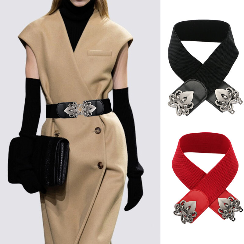 Elegante cinturón elástico de cuero genuino para mujer, faja con hebilla de Metal plateado, vestido femenino, modelado, cierre de cintura corporal, pretina de diseñador