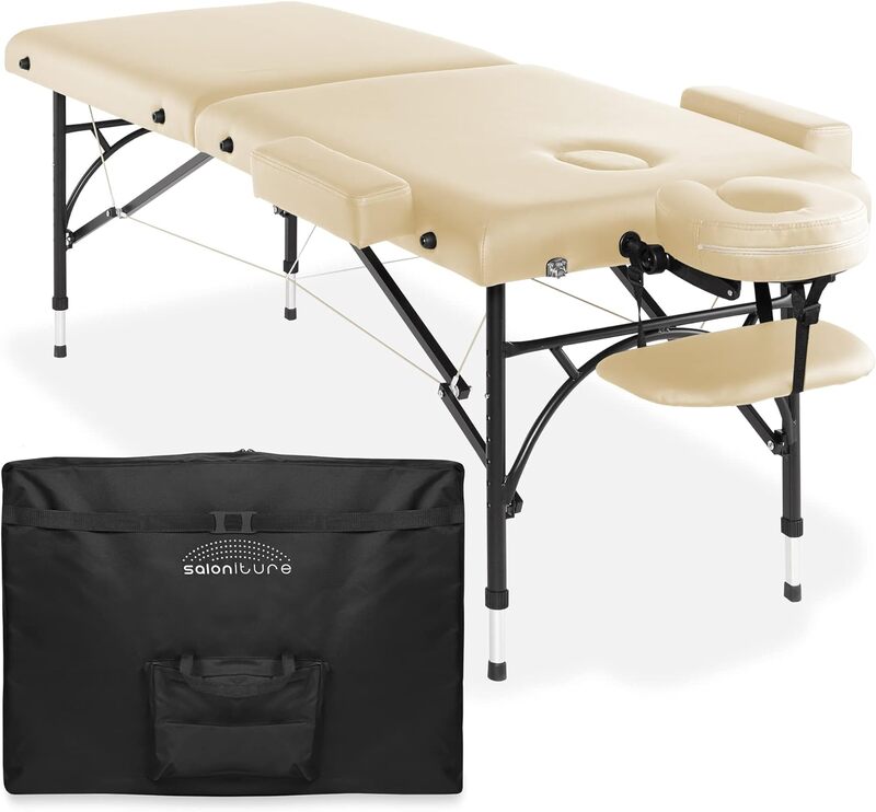Saloniture โต๊ะนวดแบบพับสองทบน้ำหนักเบาแบบมืออาชีพพร้อมขาอลูมิเนียมรวมพนักพิงศีรษะแป้นรับหน้าและที่วางแขน