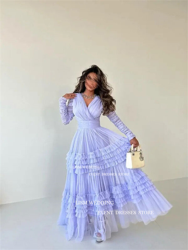 LISM Elegant Purple Tiered Ruffle Evening Dress A-Line Chiffon Full Sleeve Formal Occasion Dresses V Neck Floor Length Prom Gown