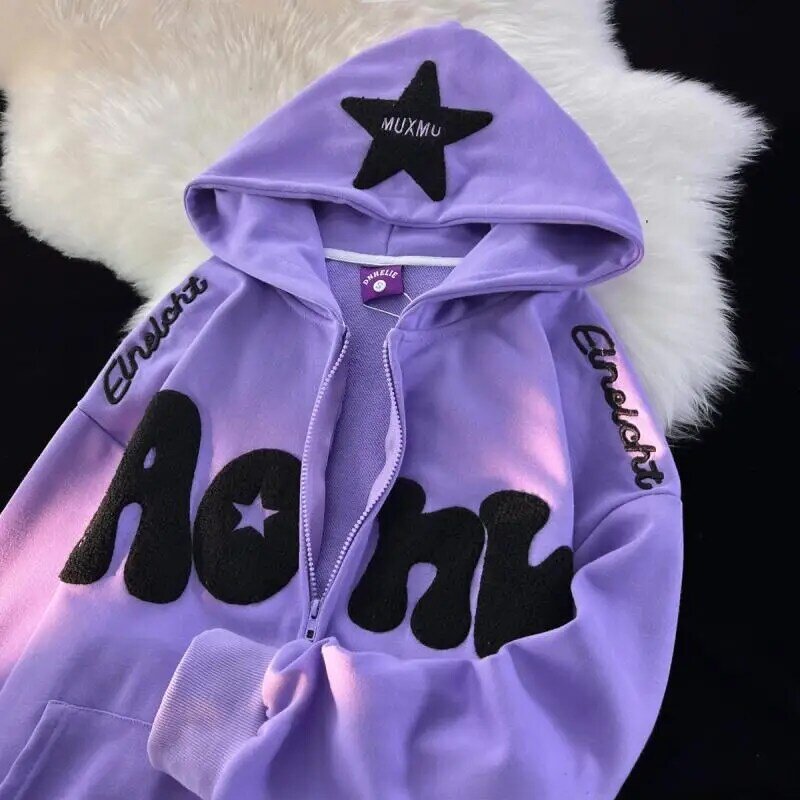 Y2K zip up hoodie Harajuku American-style retro High Street Embroidery stars Zipper hoodie women loose lazy style chic coat top